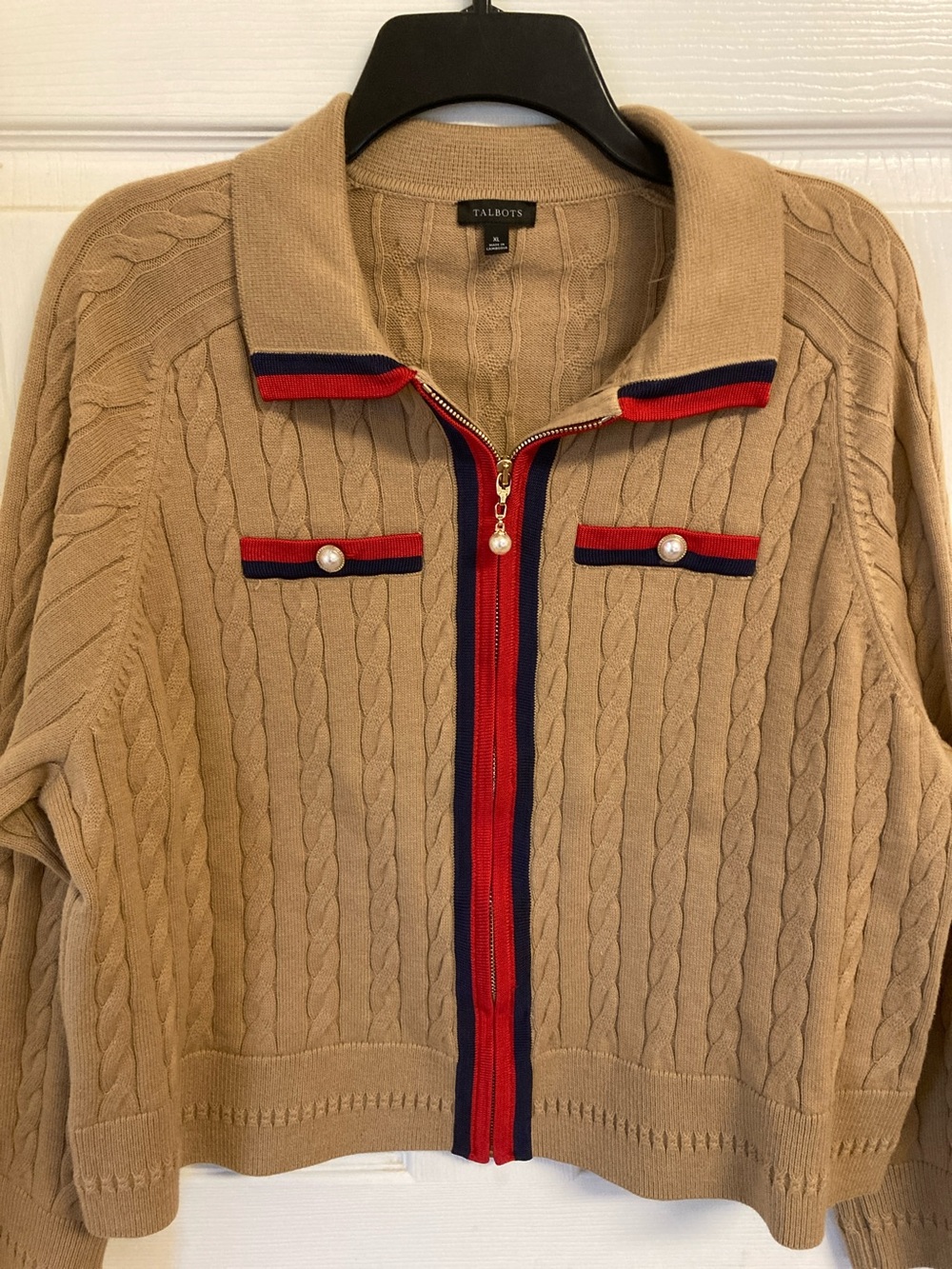Talbots Camel Cable-Knit Zip Polo Sweater with Red & Navy Trim